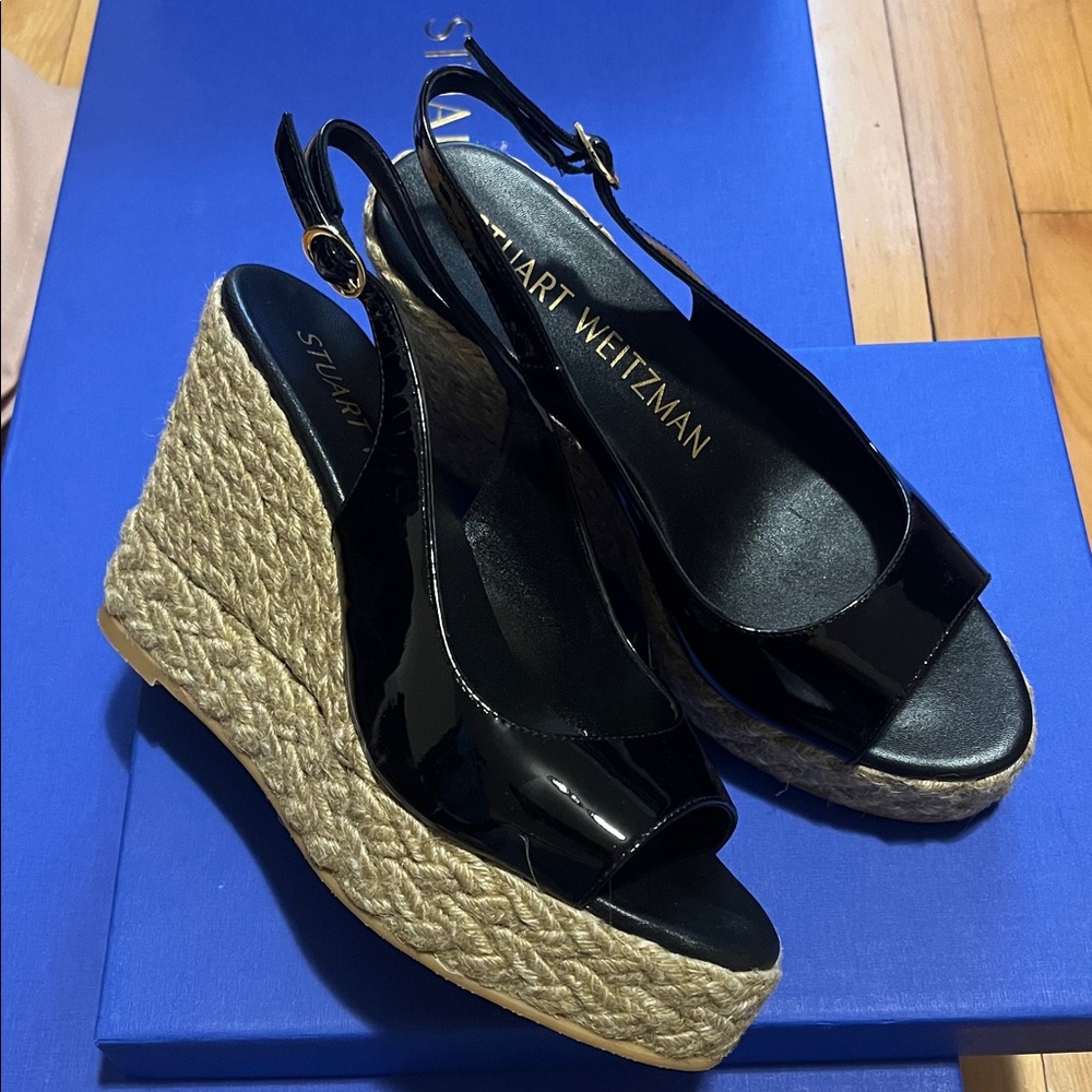 Stuart Weitzman Black Patent Wedge Espadrilles